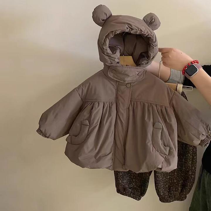 韩版女童可爱连帽棉服外套2024秋冬新款时尚加绒碎花裤子洋气套装