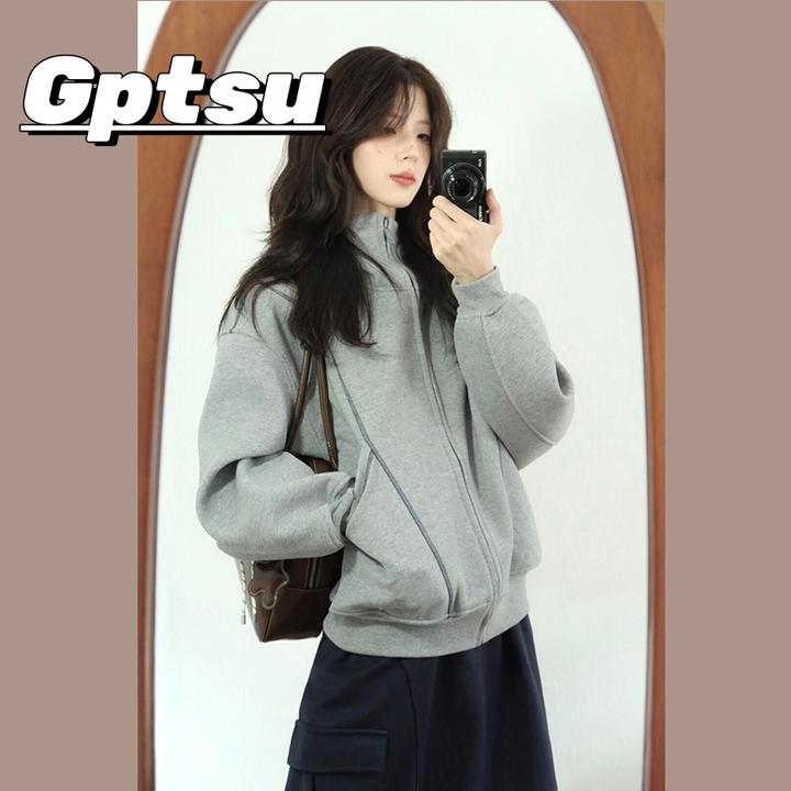 GPTSu美式复古灰色小个子连帽卫衣外套女秋冬2025年新款休闲上衣