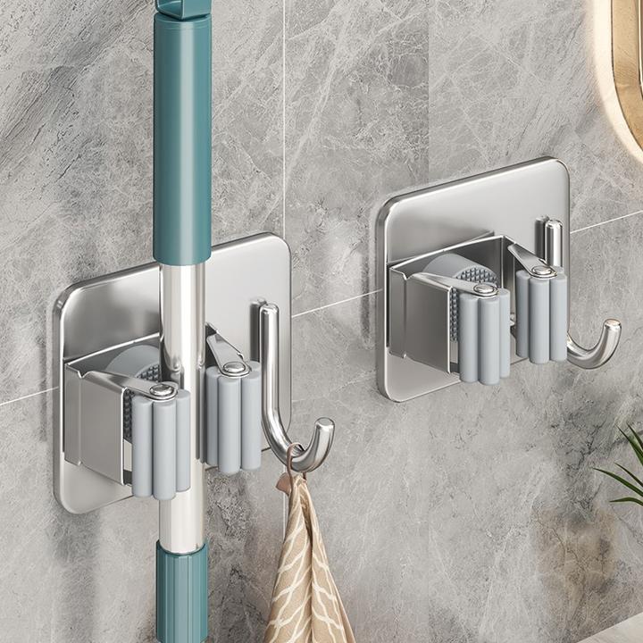 不锈钢拖把壁挂夹免打孔卫生间收纳粘钩扫把挂架牢固粘胶拖布夹子