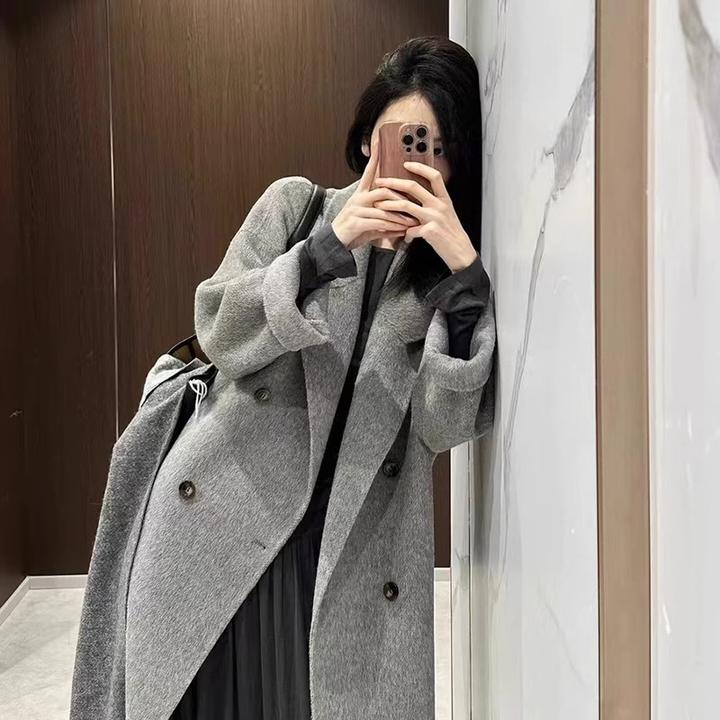 灰色羊毛呢子大衣女中长款秋冬季高级感小个子羽绒加厚双面呢外套
