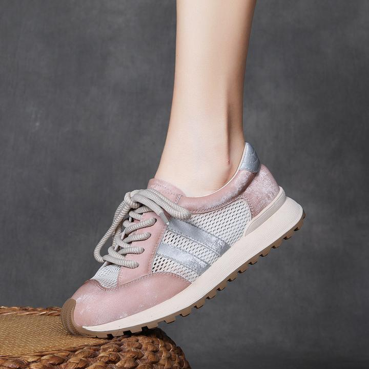 真皮网面厚底阿甘鞋女2024年夏季透气百搭休闲运动鞋拼色时尚女鞋