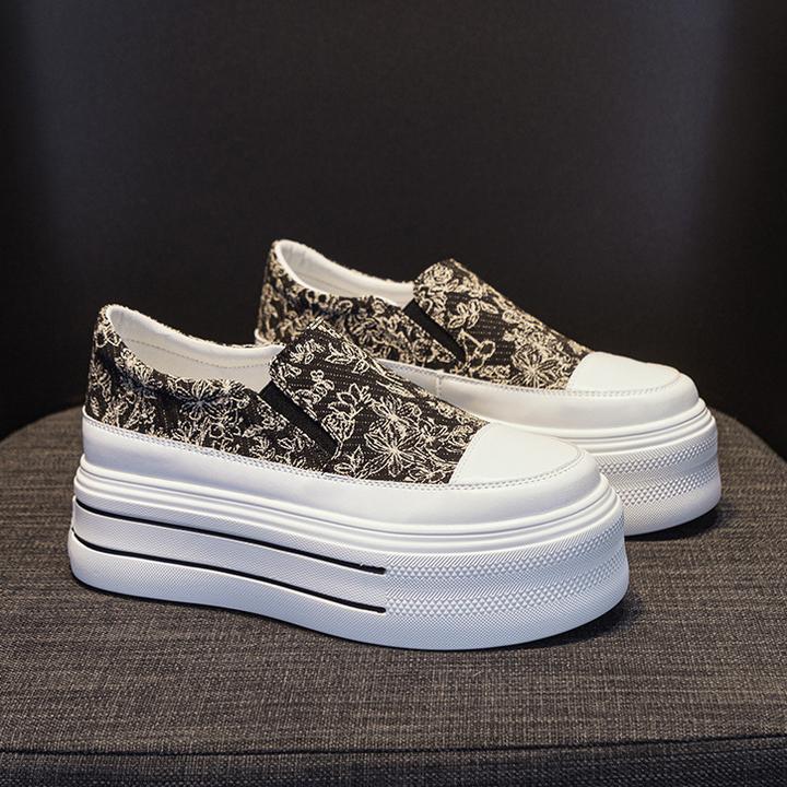 内增高帆布鞋女2025春夏新款国潮风印花懒人一脚蹬松糕厚底乐福鞋