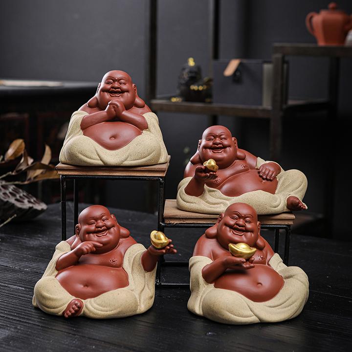 精品紫砂招财弥勒佛茶宠手工大肚佛茶玩茶道茶桌茶台和尚沙弥摆件