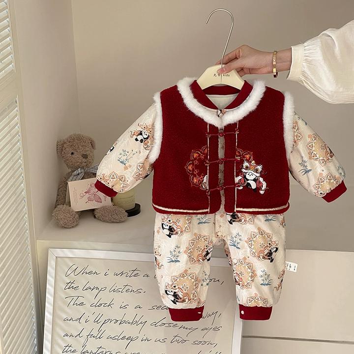 【加厚保暖】婴儿喜庆拜年服夹棉连体哈衣小宝宝国风冬装过年衣服