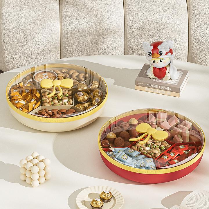 蝴蝶结果盘家用新年高档糖果盒创意干果盒零食盒分格圆形带盖轻奢