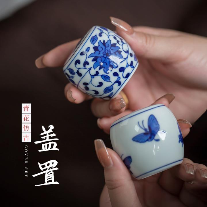 景德镇手工手绘复古青花盖置 陶瓷茶壶盖托垫茶道配件盖碗盖托