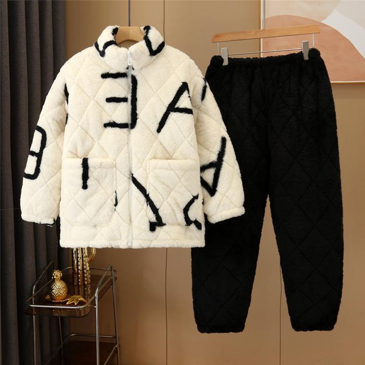 时尚拉链秋冬睡衣女三层加绒加厚夹棉保暖3D提花绒大码套装家居服