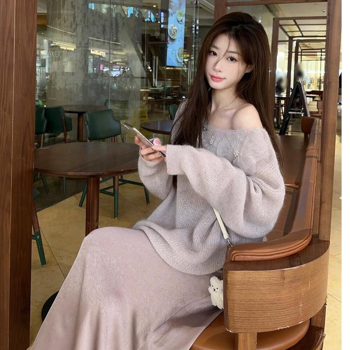 慵懒气质春季优雅花朵针织衫毛织套头上衣洋气温柔缎面半身裙