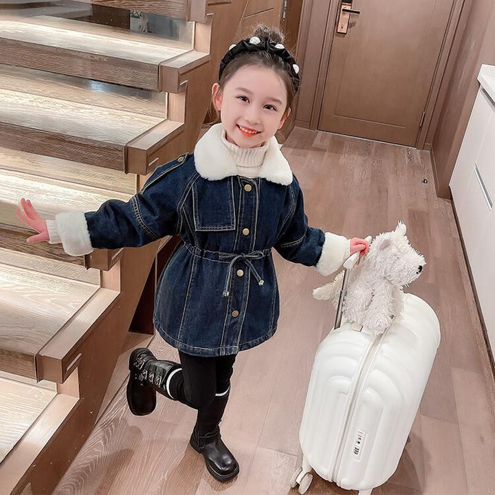 2024女童加绒外套秋冬款新款童装儿童牛仔派克服宝宝冬装加厚上衣