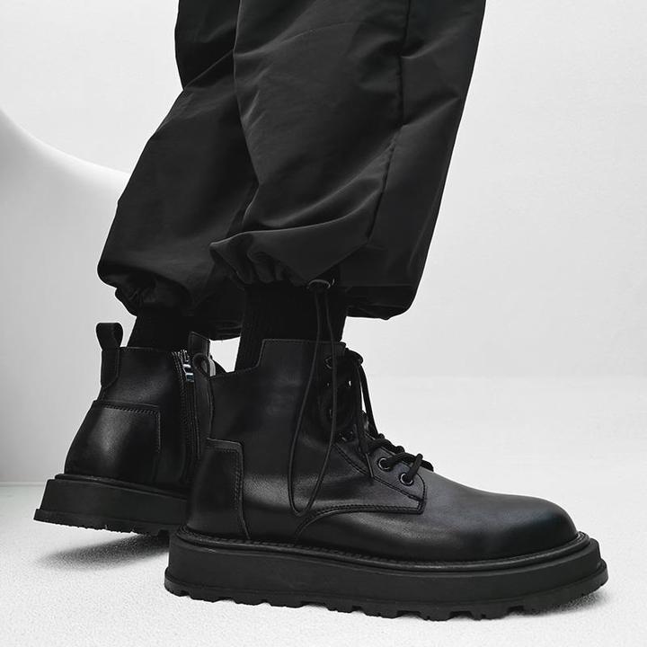 真皮高帮皮鞋黑色ins马丁靴男款冬季加绒英伦风复古拉链厚底短靴