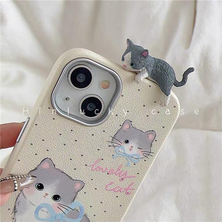 韩风立体卡通油画猫咪iphone16promax适用苹果15手机壳14情侣皮质