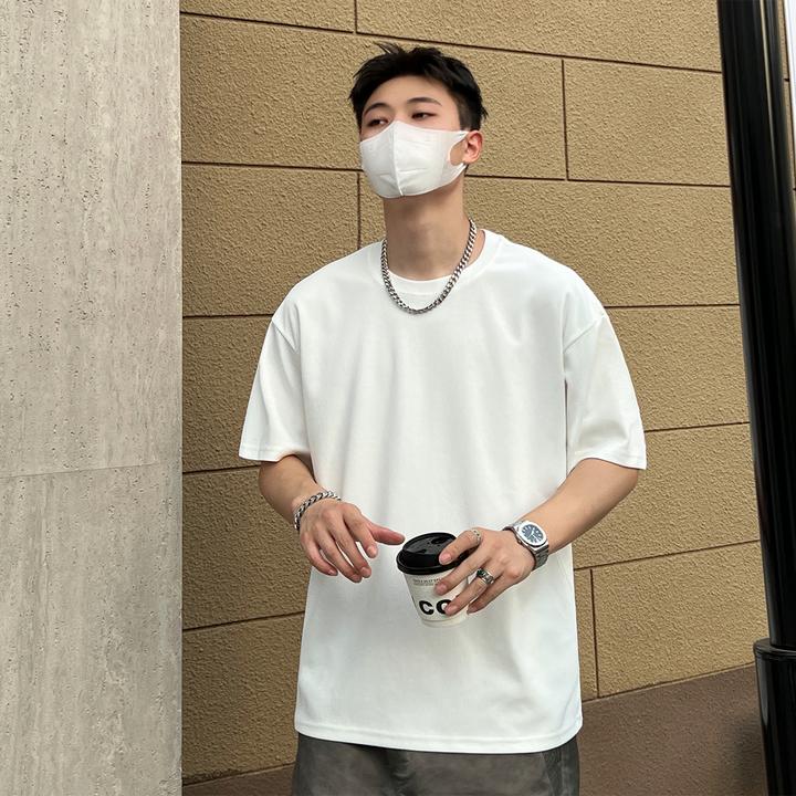 新款竖纹夏季男士短袖t恤宽松休闲百搭简约高级轻奢白色t恤男款