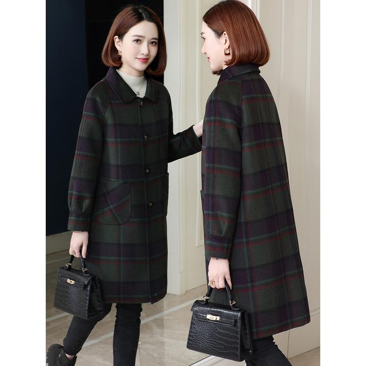 新款秋冬气质毛呢外套女宽松高端双面呢羊毛大衣复古格子中长款