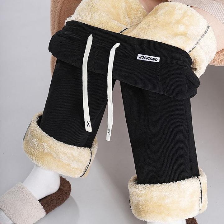 黑色窄版特厚羊羔绒阔腿裤女秋冬加绒新款高腰宽松雪尼尔休闲直筒