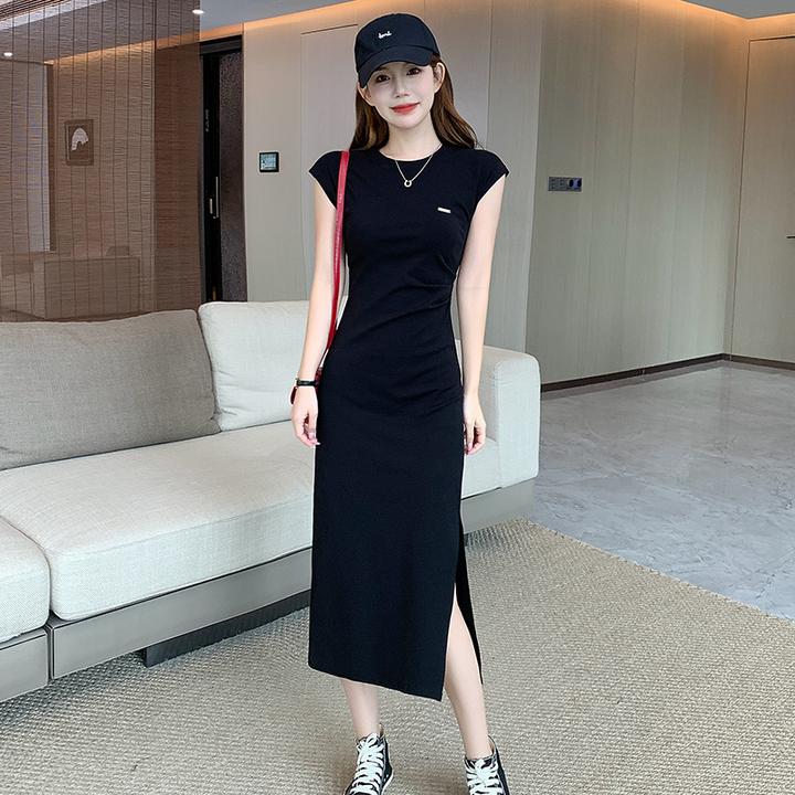 后妈裙2025新款修身显瘦气质开叉连衣裙黑色包臀长裙褶皱夏季裙子