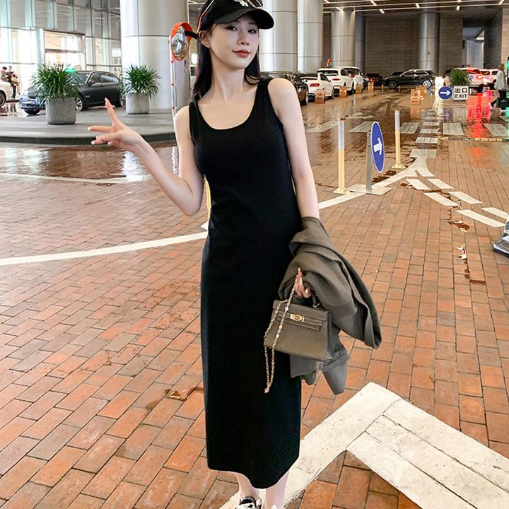 黑色吊带连衣裙女秋季新款打底裙气质休闲显瘦背心裙长款吊带裙