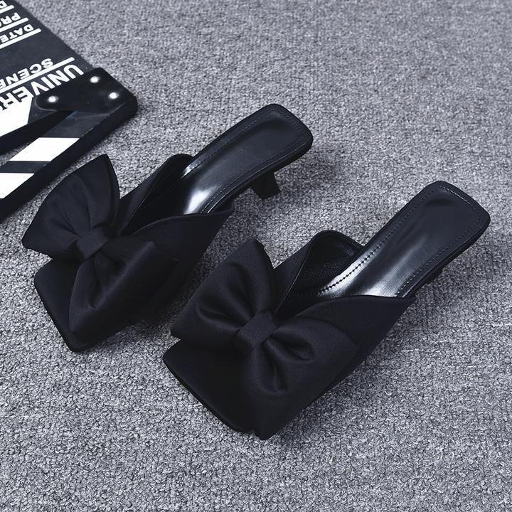 夏法式小众高跟拖鞋女蝴蝶结外出仙女风方头欧货细跟外穿时尚凉拖