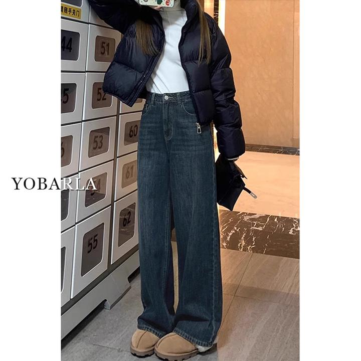 蓝灰色直筒牛仔裤女冬季加绒胖mm大码梨形身材高腰宽松显瘦阔腿裤