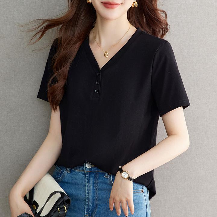 90支新疆精梳棉v领短袖t恤女士夏季2026新款爆款女装洋气紫色上衣