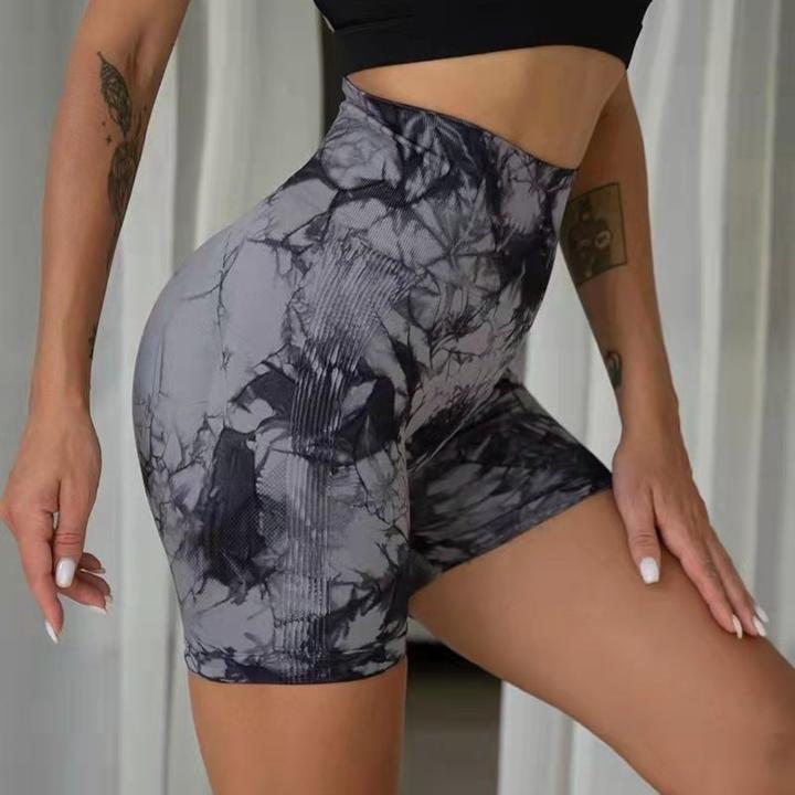 扎染三分短裤欧美网红高腰收腹瑜伽健身蜜桃提臀运动高弹紧身裤