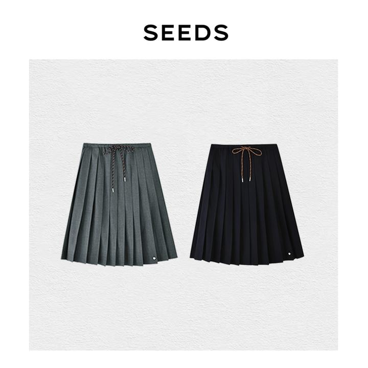 【复古韩潮】SEEDS Miu风羊毛混纺高智感手工编织抽绳A字百褶半裙