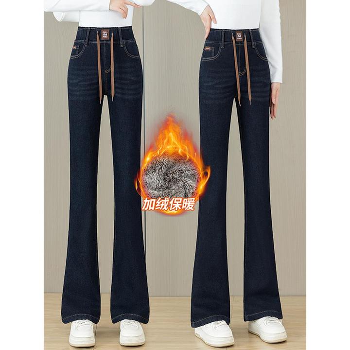 加厚羊羔绒微喇牛仔裤女2024冬季新款高腰显瘦松紧腰小个子喇叭裤