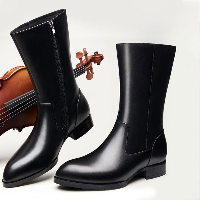 冬季加绒头层牛皮长筒靴子男款青年潮流英伦风帅气保暖高筒皮靴男