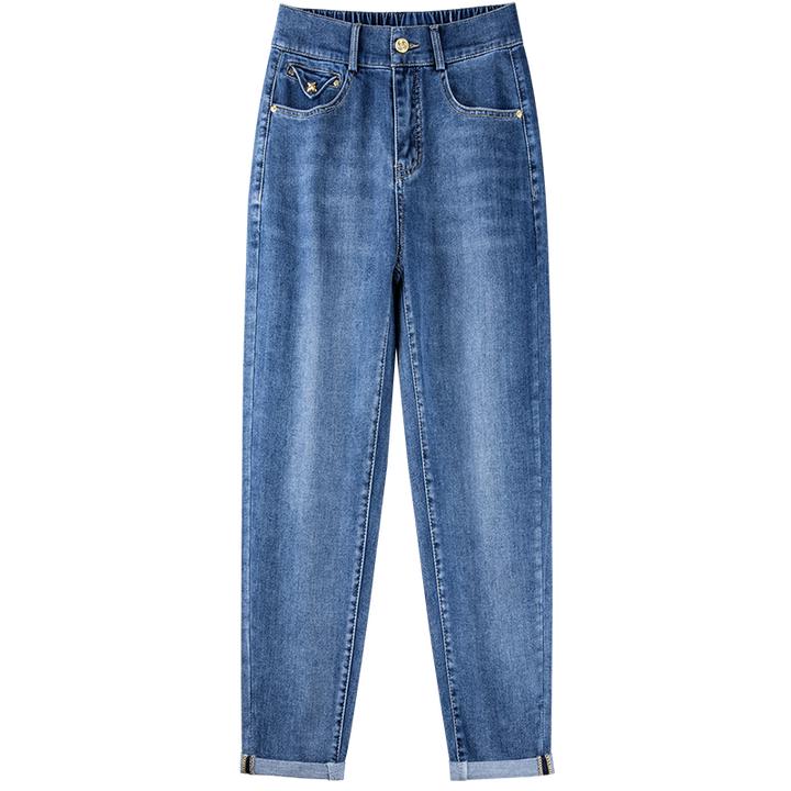 哈伦牛仔裤女宽松直筒后松紧腰2023年新款老爹裤卷边高腰裤2205