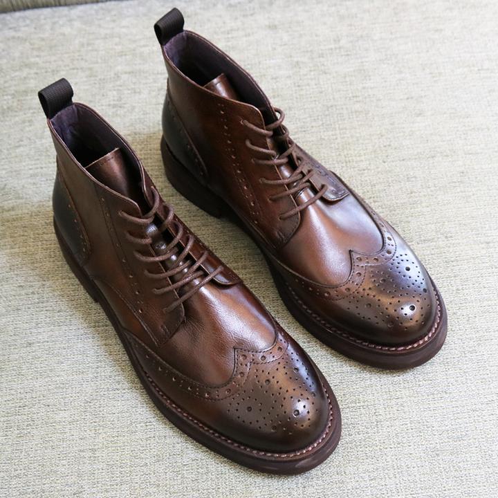 英伦复古马丁布洛克高帮雕花男士潮流休闲皮鞋厚底皮靴子纯手工