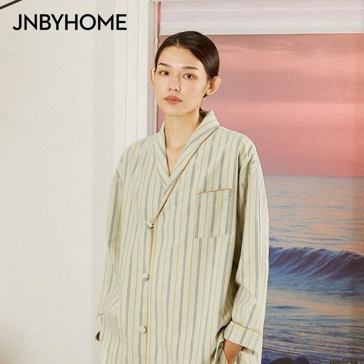 JNBYHOME江南布衣长袖纯棉翻领灯芯绒女士家居服复古条纹睡衣情侣