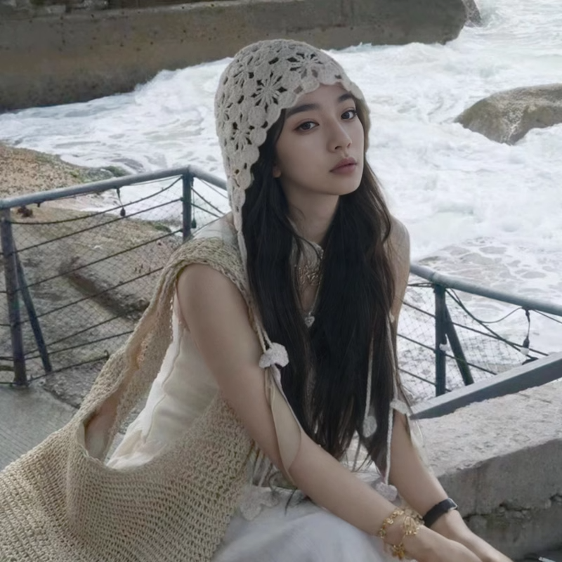 流苏钩花针织帽女秋冬包头帽旅行百搭民族风镂空手工编织头巾帽子