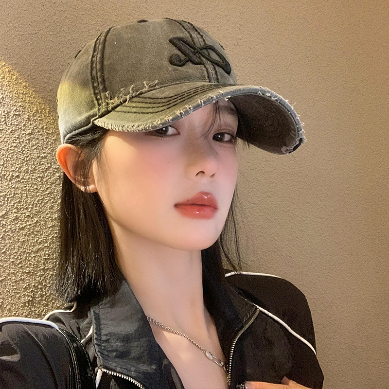 美式破洞棒球帽女日系水洗牛仔复古宽帽檐鸭舌帽大头围显脸小帽子