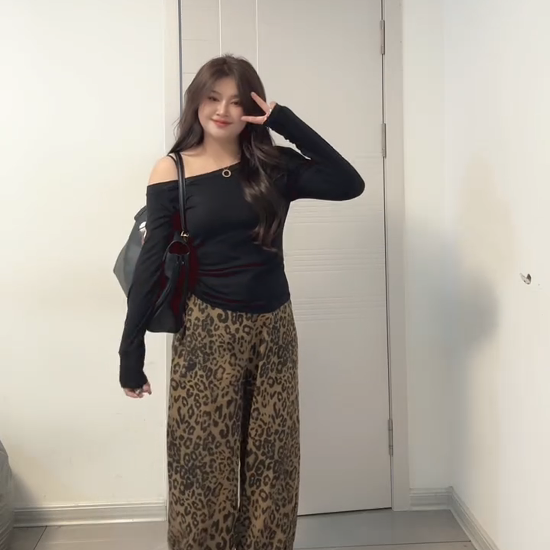 大码美式性感辣妹纯色长袖斜肩T恤女2024早秋新款修身显瘦上衣ins