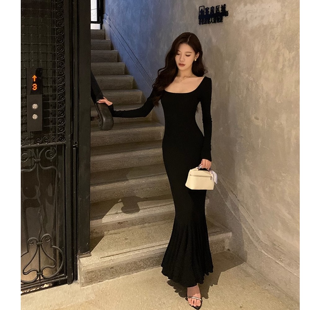 步步生莲长袖鱼尾连衣裙秋季性感法式显瘦气质修身名媛包臀长裙子