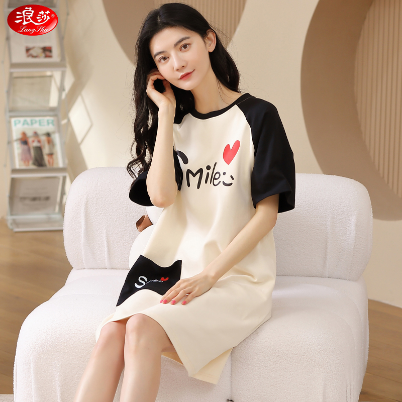 浪莎纯棉睡裙女夏季薄款卡通爱心网红爆款夏天中长款连衣裙家居服