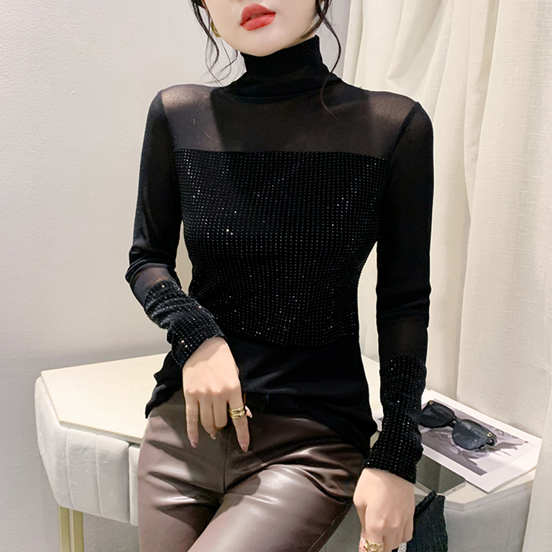高级感烫钻上衣女春秋欧货网纱拼接丝绒长袖t恤修身高领打底小衫