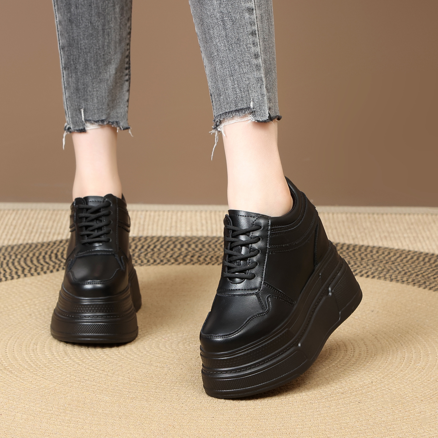 时尚全黑超高跟12公分增高鞋女小个子秋季新款运动松糕厚底休闲鞋