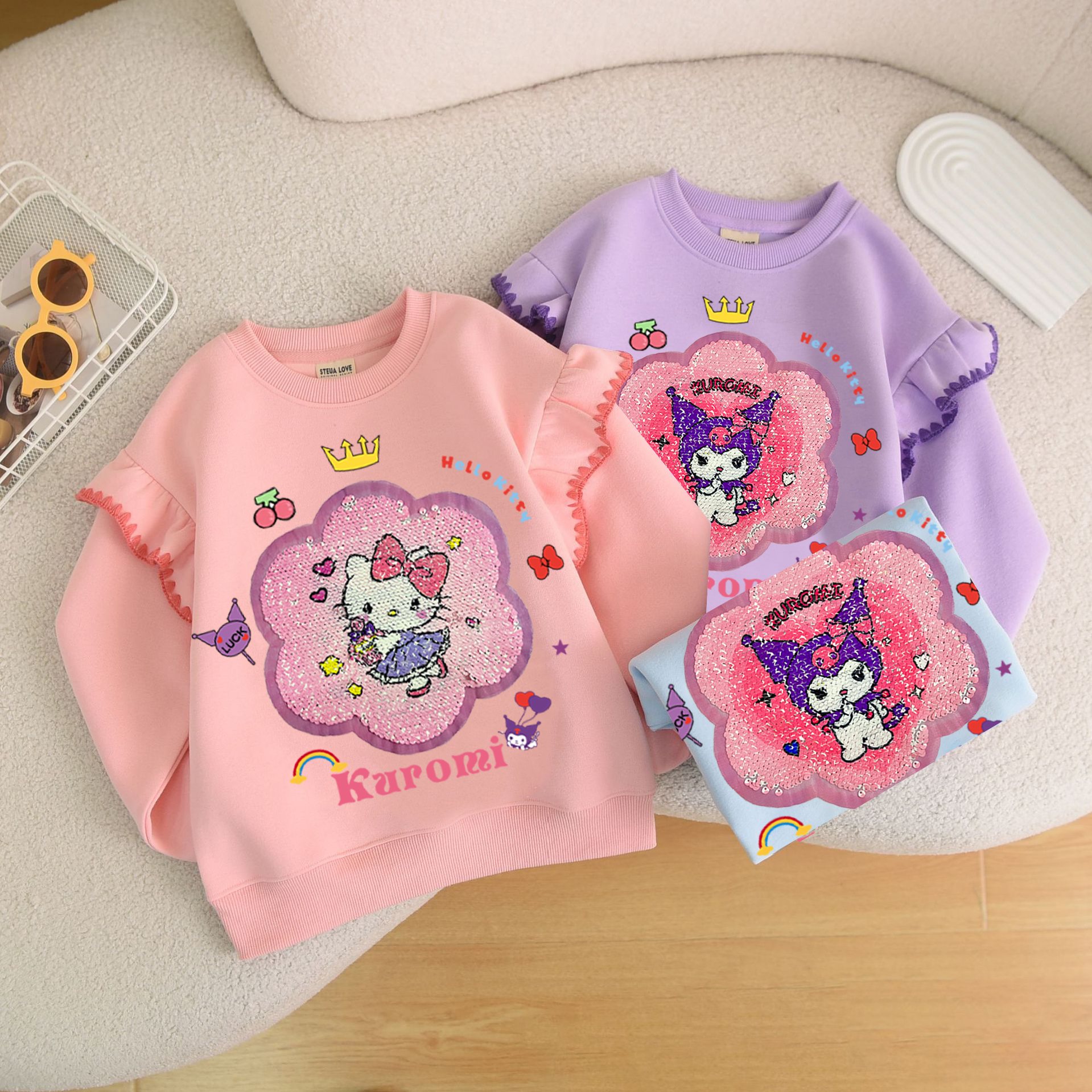 秋冬季女童加绒荷叶边卫衣卡通亮片变脸库洛米长袖女宝宝韩版童装