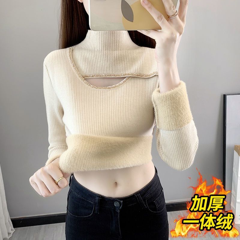 加绒加厚一体绒毛衣女秋冬季钉珠镂空性感打底针织衫内搭保暖上衣