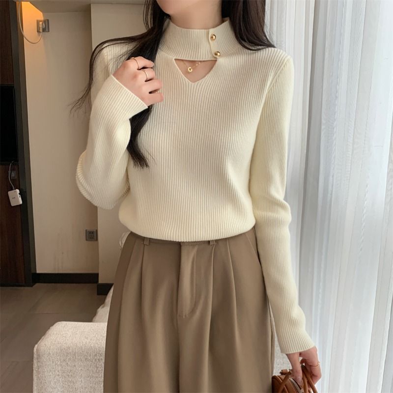 加厚镂空半高领打底衫女秋冬新款洋气内搭针织毛衣大码装保暖上衣