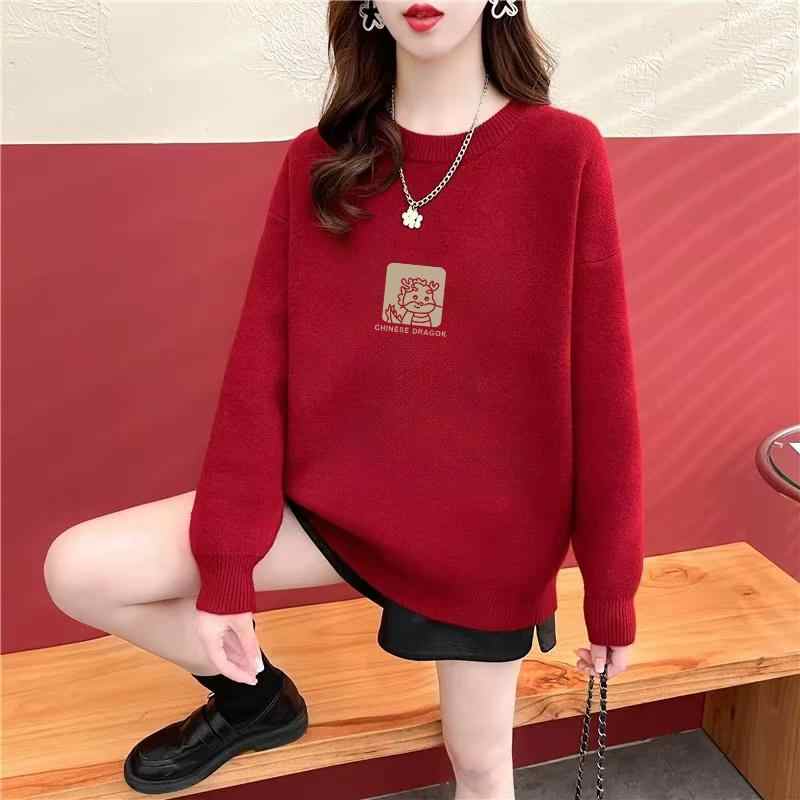 品牌折扣红色毛衣女秋冬新款蛇年圣诞节本命年宽松针织打底衫上衣