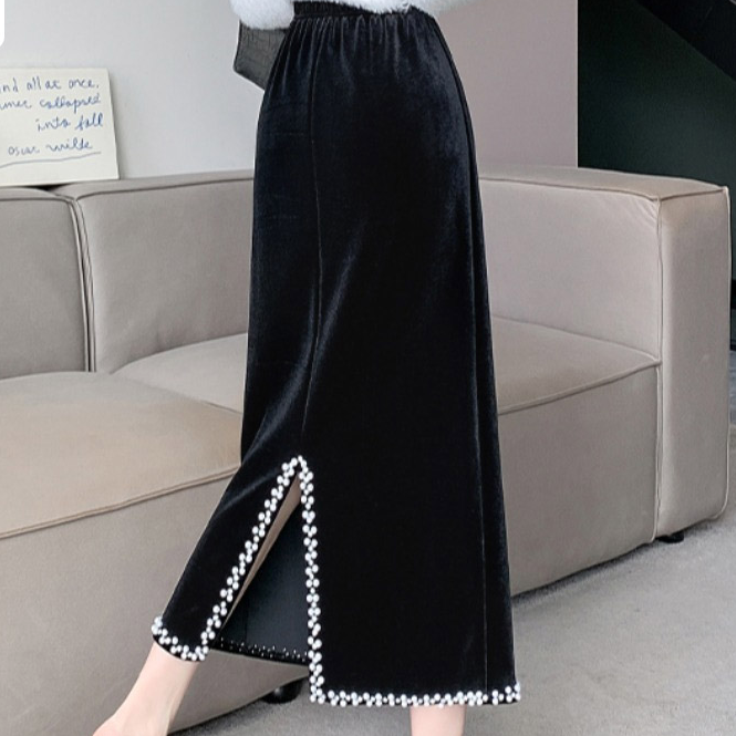 开叉钉珠时尚百搭半身裙女冬款加绒气质高腰a字裙中长显瘦半身裙