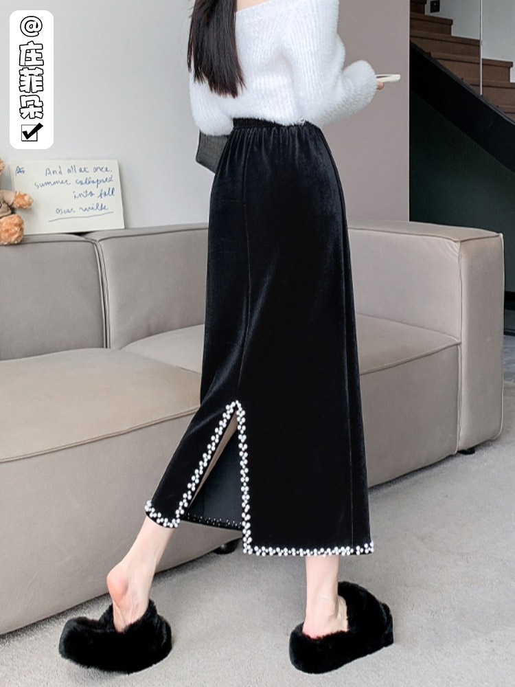 金丝绒半身裙女秋冬钉珠中长款高腰包臀裙显瘦半身裙时尚百搭韩版
