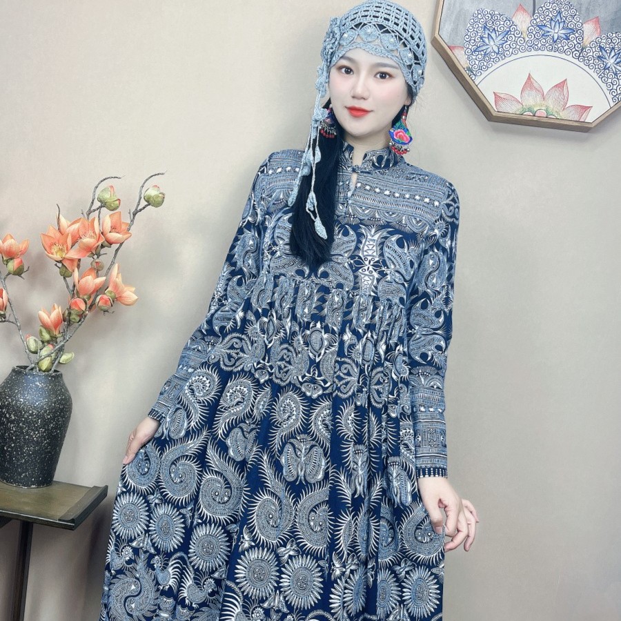 文艺碎花复古立领裙子民族风印花大摆连衣裙长裙遮白发发箍中国风