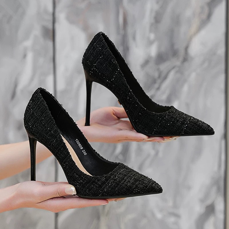 小香风高跟鞋2024新款春夏气质法式细跟尖头百搭富家千金黑色单鞋