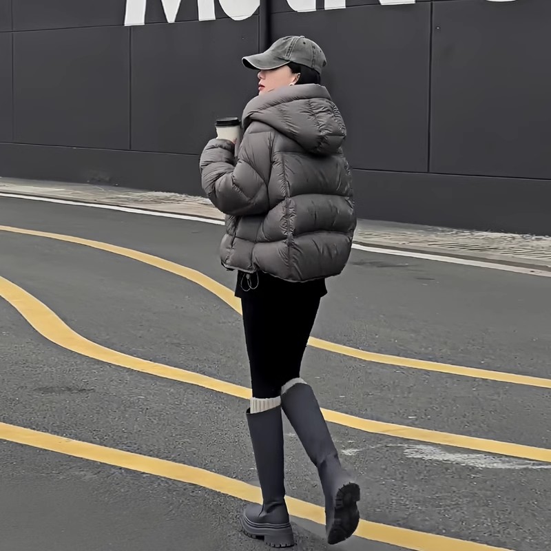 泡芙龟背灰色短款羽绒服女2025冬季新款白鸭绒连帽面包服外套