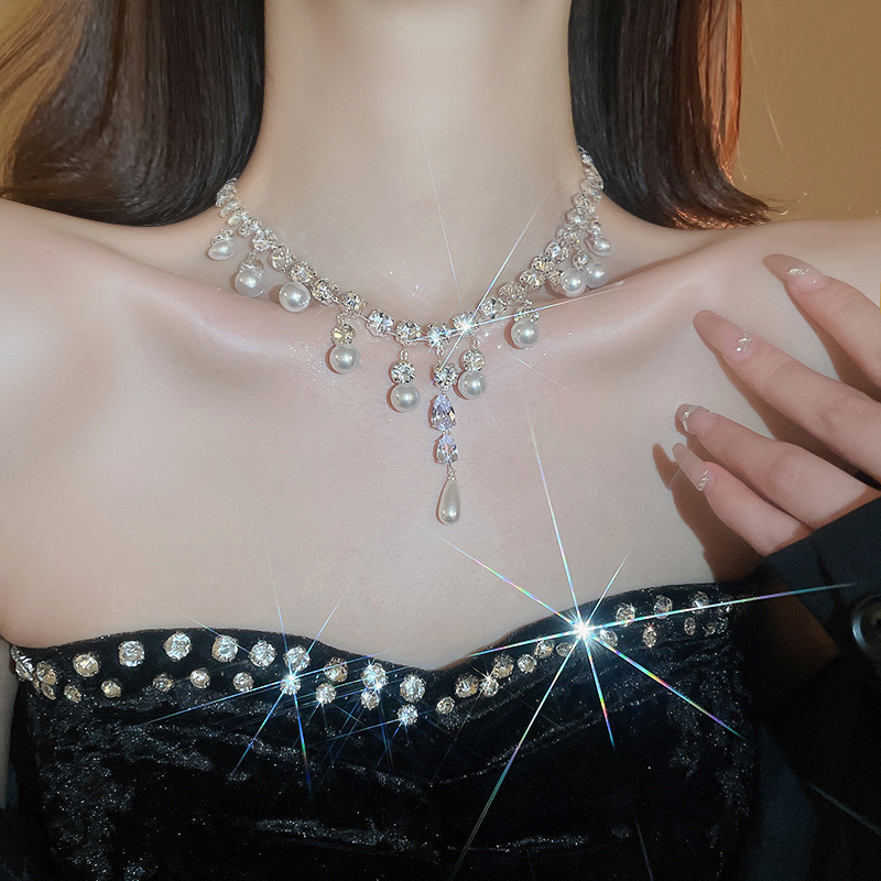 铜合金合成锆石项链 水滴仿珍珠项链时髦流苏锁骨链choker颈链潮