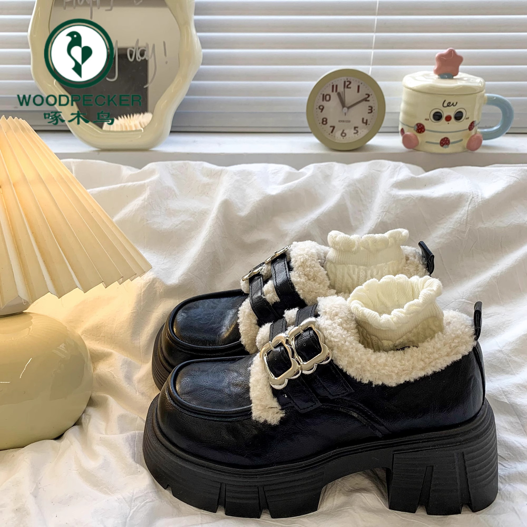 啄木鸟英伦风加绒乐福棉鞋女鞋秋冬新款厚底粗跟复古玛丽珍小皮鞋