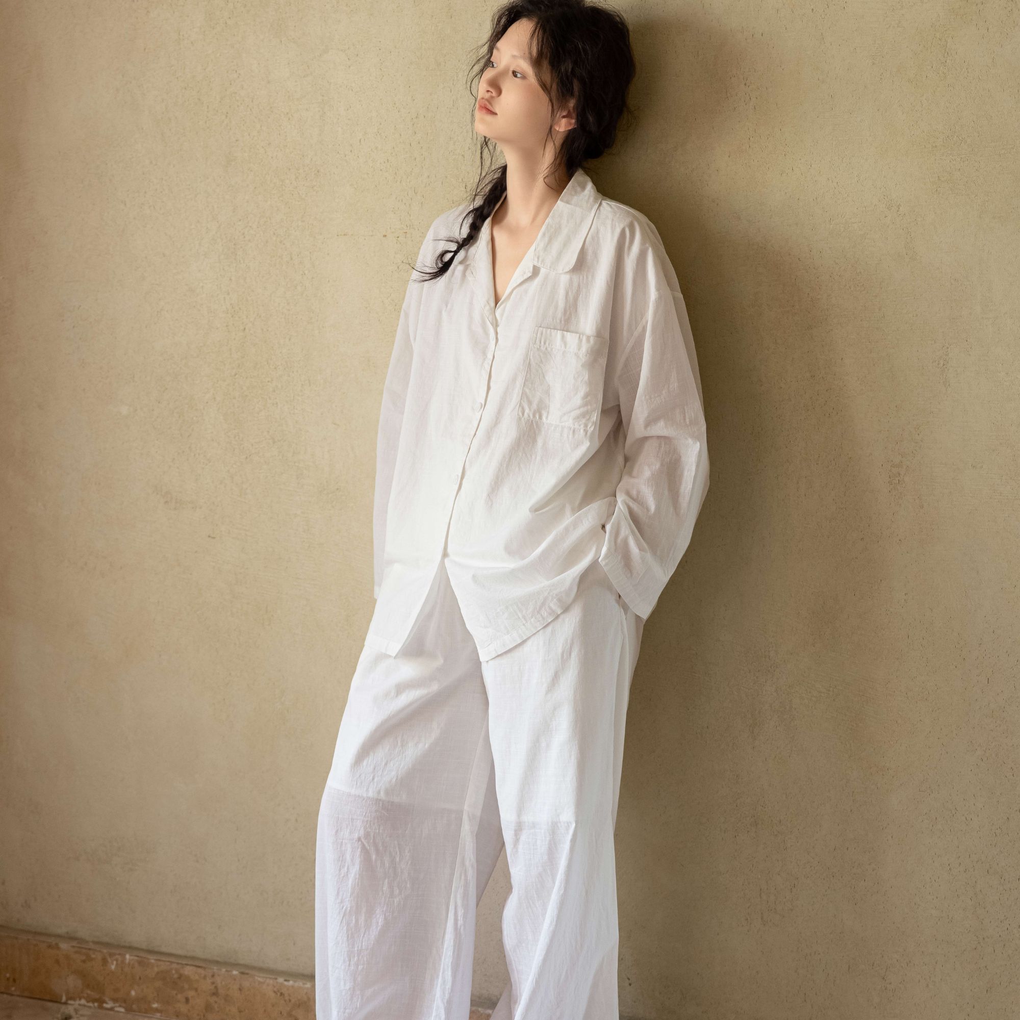 族玛士春秋睡衣套装女士薄款纯棉宽松大码白色休闲长袖长裤家居服