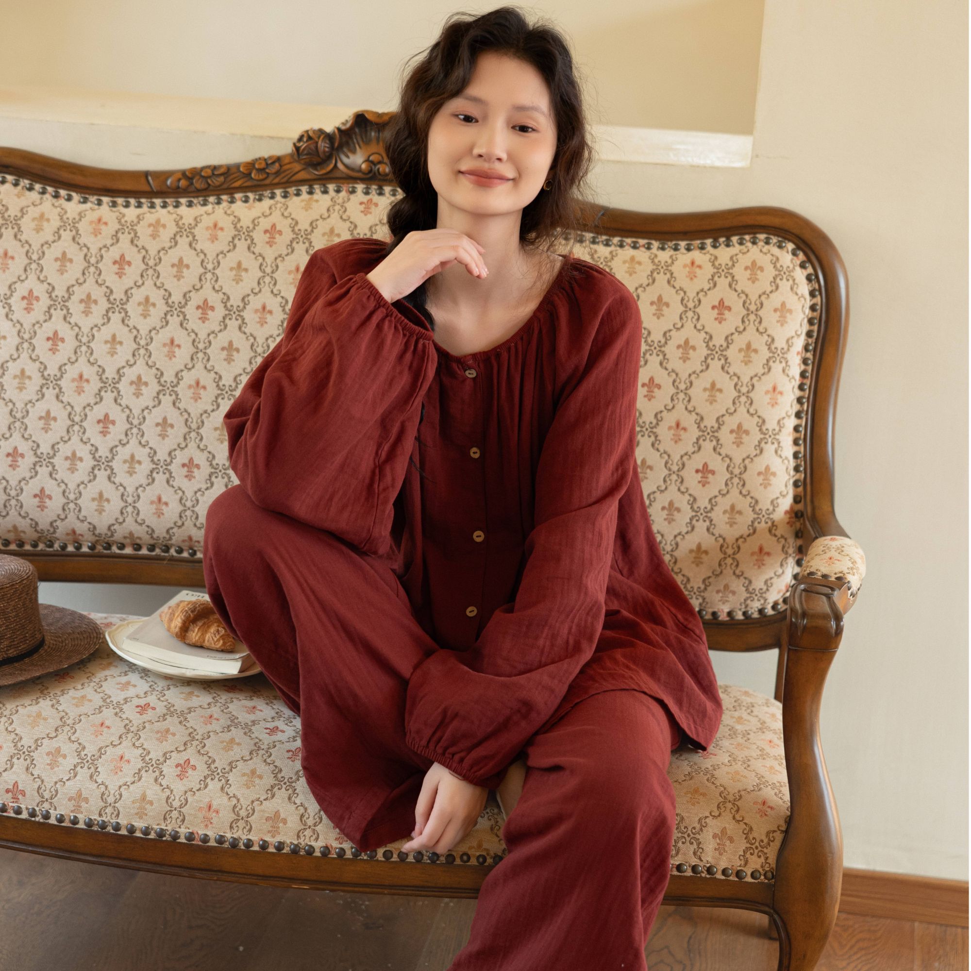 族玛士睡衣女春秋长袖纯棉纱布2025新款大红色甜美大码家居服套装